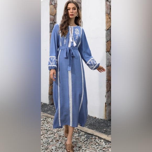 Blue Floral Embroidered tassel tie belted dress - Picture 1 of 4